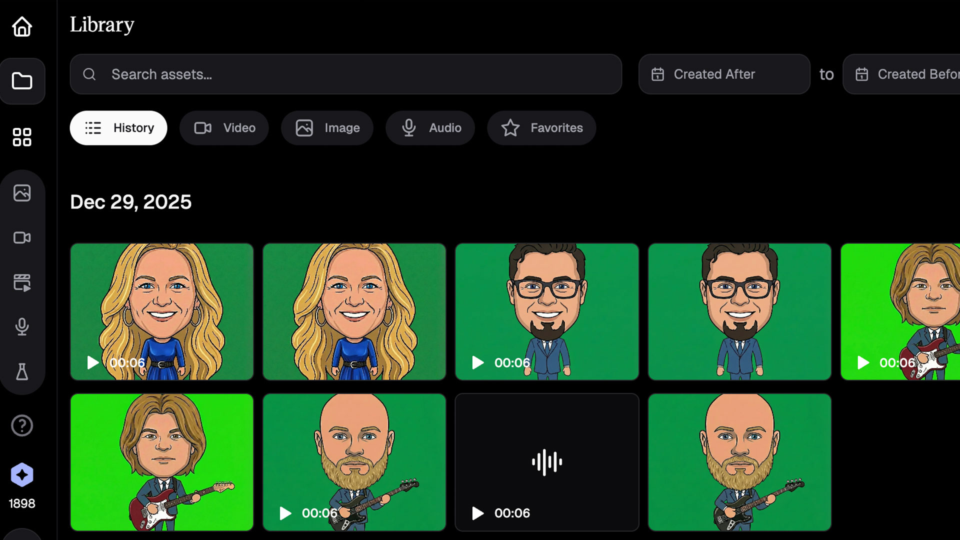 Hedra library showing animated avatar clips on green screen backgrounds — a blonde woman in a blue dress, a man with glasses in a blue suit, a bald bearded guitarist, and a long-haired guitarist — created for BuzzTheory's 2026 New Year's video.