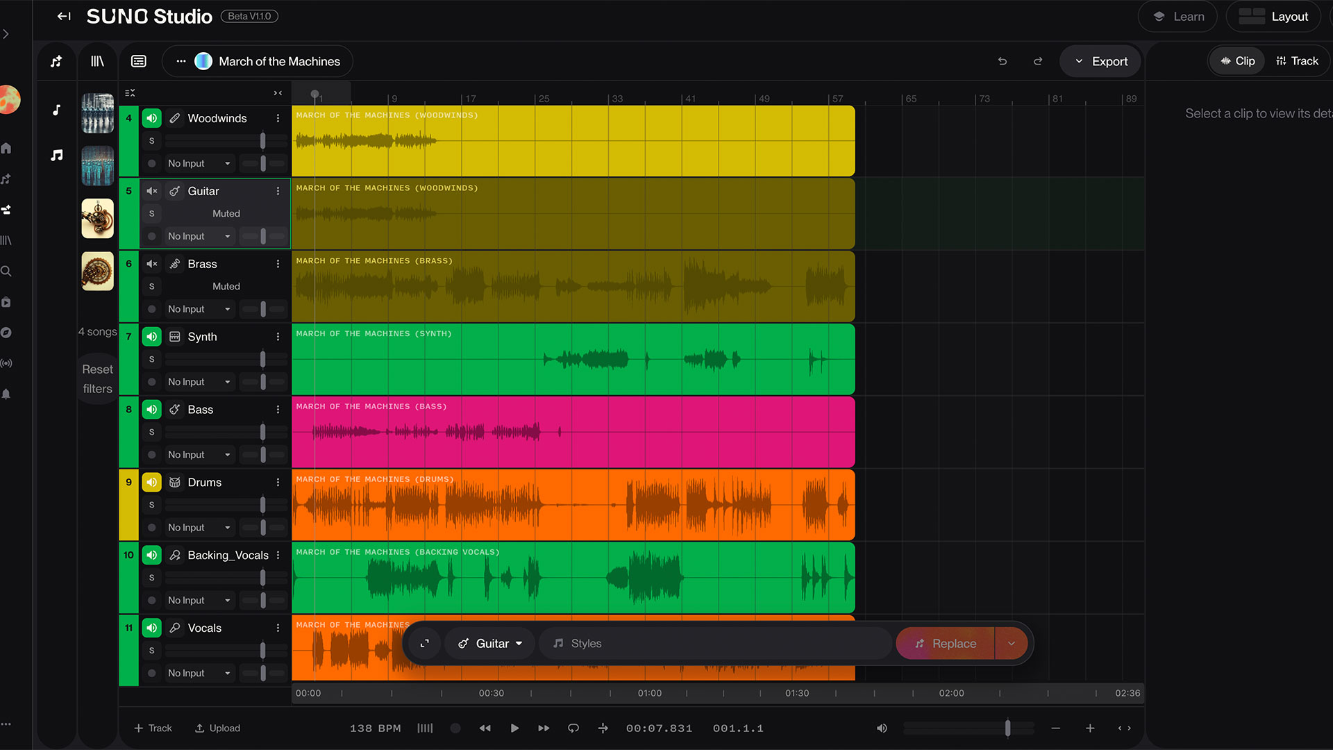 A preview of Suno Studio Screenshot of Suno Studio, including tracks for different instruments and vocal elements.